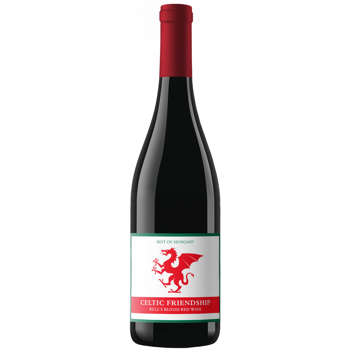 A bottle of Bull's Blood red wine with the Celtic Welsh dragon on the label.