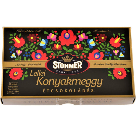 Stühmer konyakmeggy is a Hungarian cherry liqueur chocolate with brandy and the best Belgian dark chocolate.