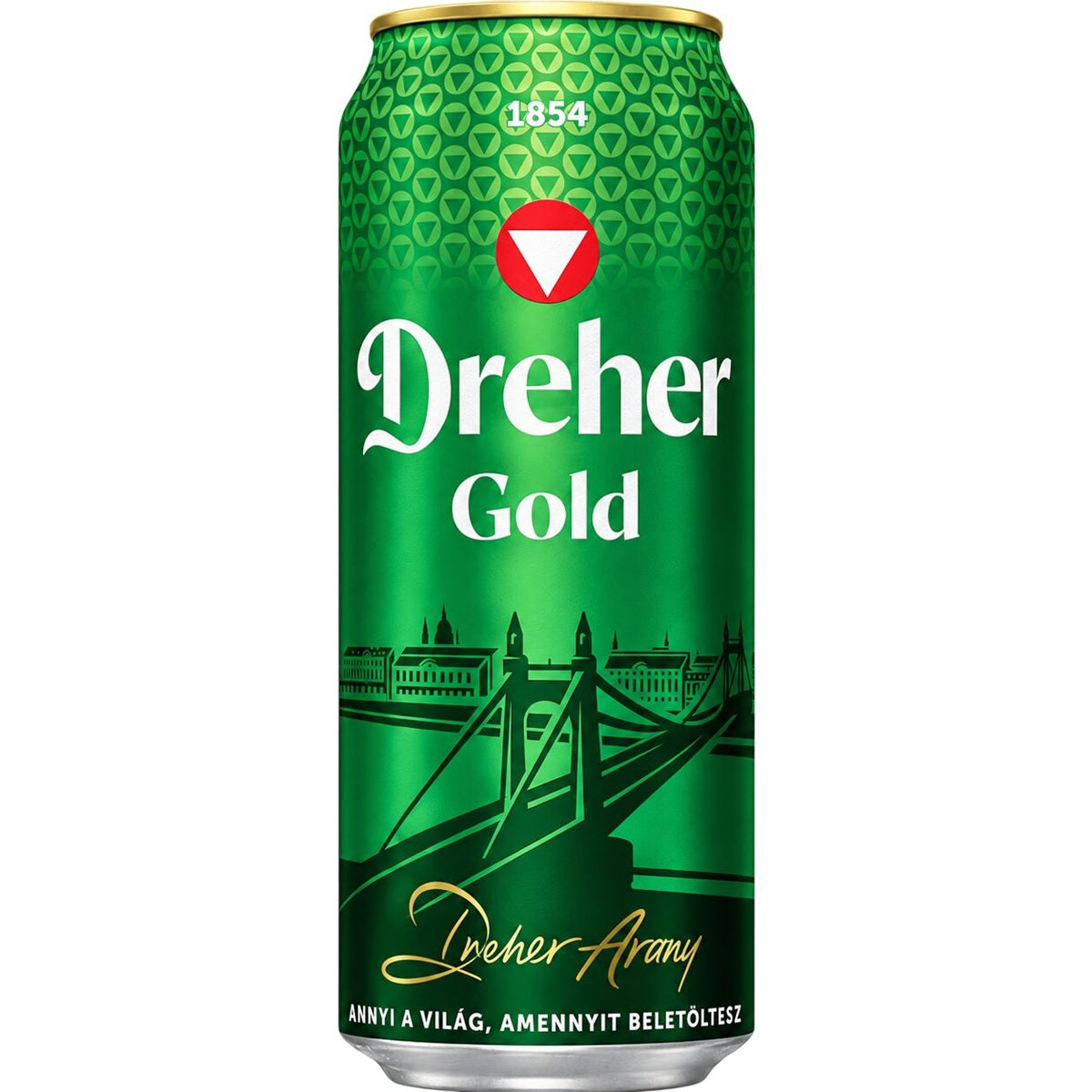 A can of Dreher Gold beer, the most popular Hungarian Pilsner-style lager brewed in Budapest.