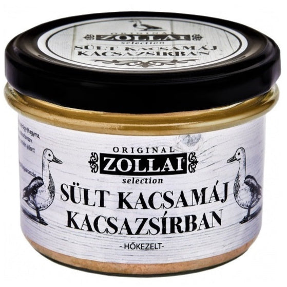 A jar of duck liver pate with whole liver pieces.