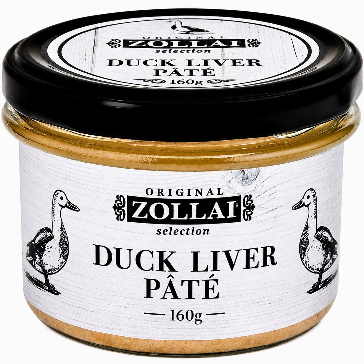 A jar of duck liver pate with whole liver pieces.