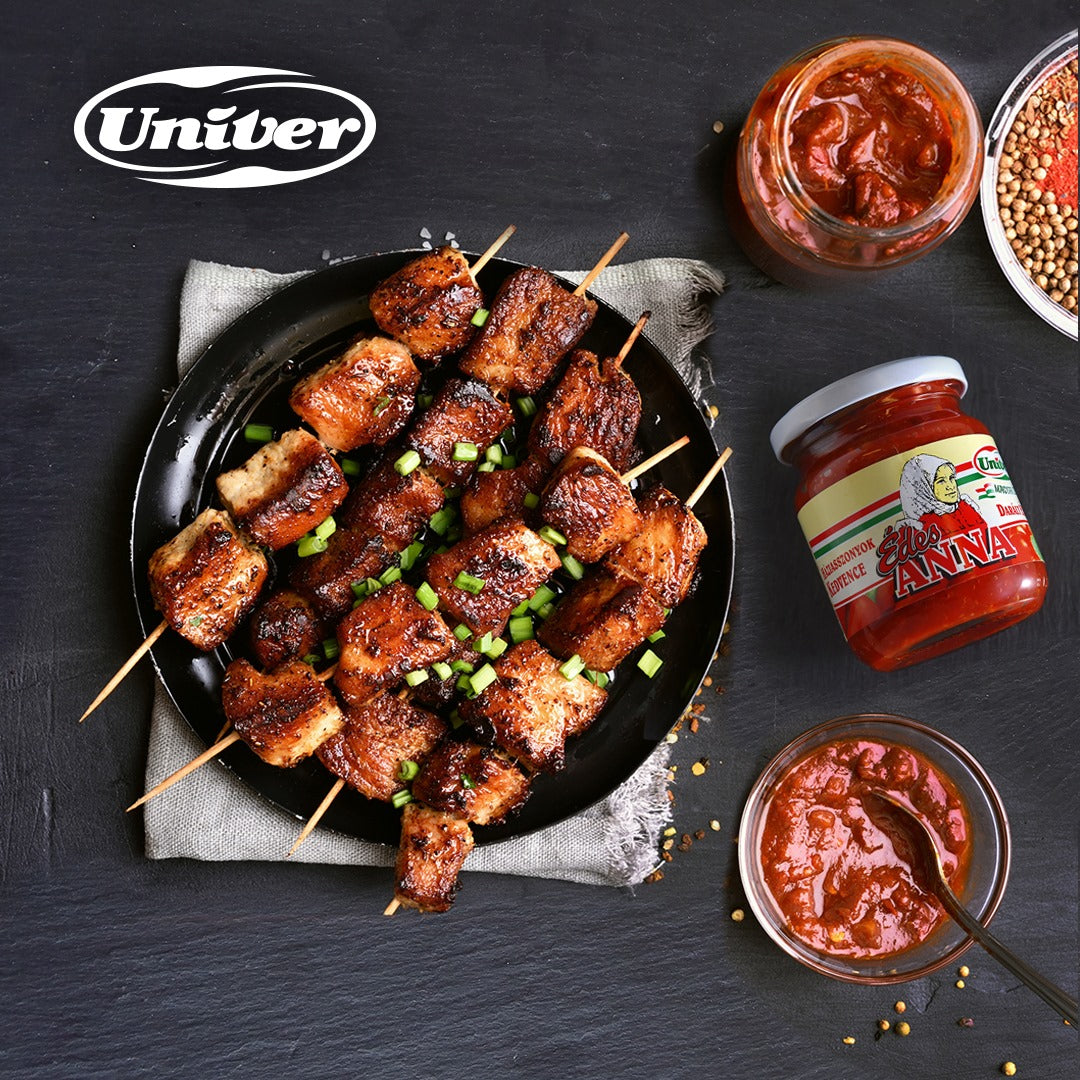 BBQ grilled chicken skewers with red pepper sauce.