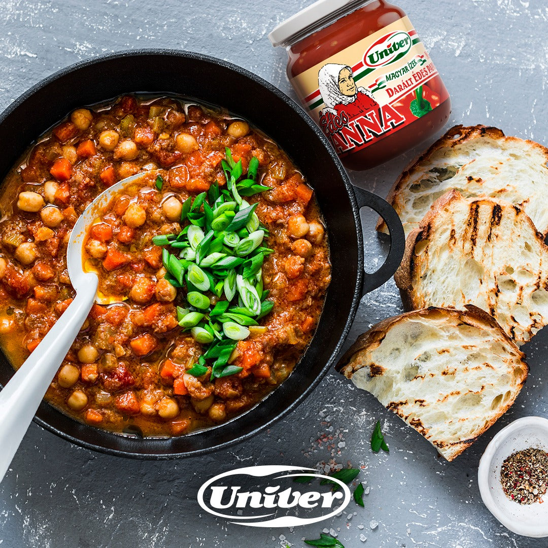 Chickpea stew with Édes Anna Hungarian red pepper sauce and toasted bread.