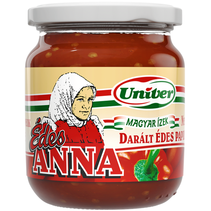 A jar of Édes Anna Hungarian red pepper sauce.