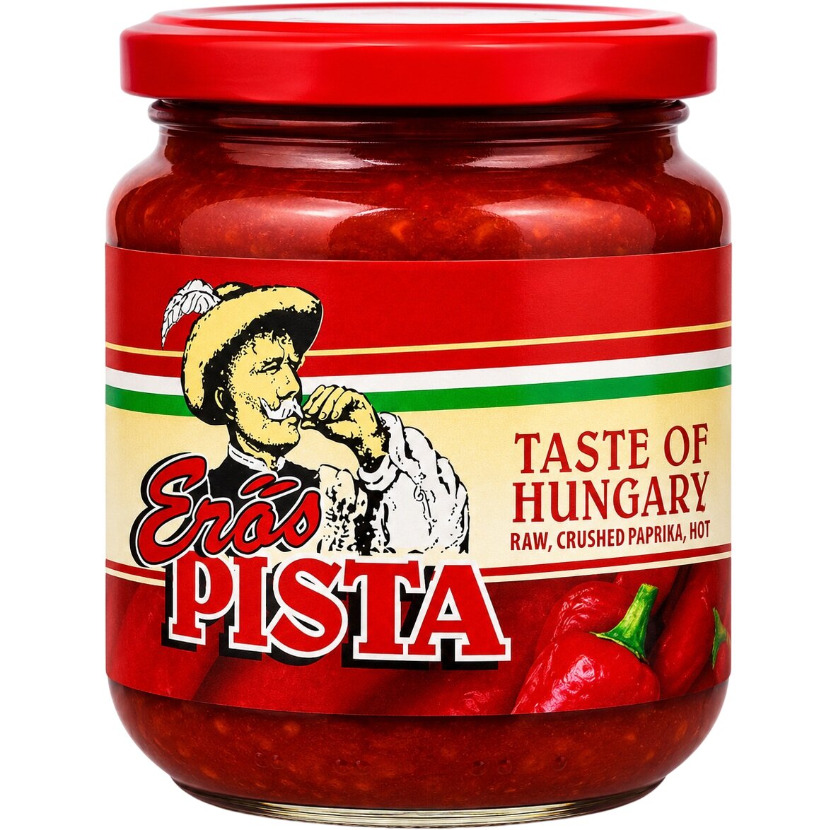A jar of Erős Pista, this spicy condiment is an authentic Hungarian raw crushed hot paprika paste.