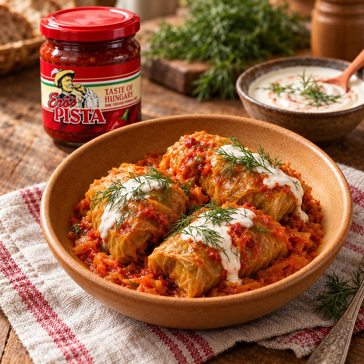 A Hungarian stuffed cabbage recipe made with Erős Pista hot pepper sauce.