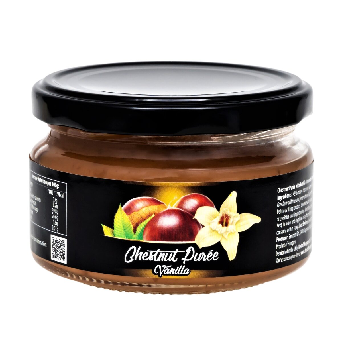 A jar of Gesztenyepüré, a sweetened Hungarian chestnut purée, this creme de marrons is a vegan dessert spread.