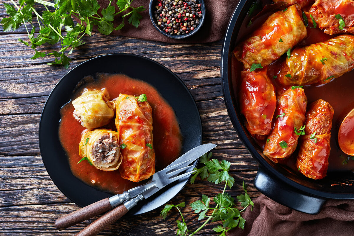 A plate of golumpki, a polish stuffed cabbage roll made with picked sour cabbage leaves.
