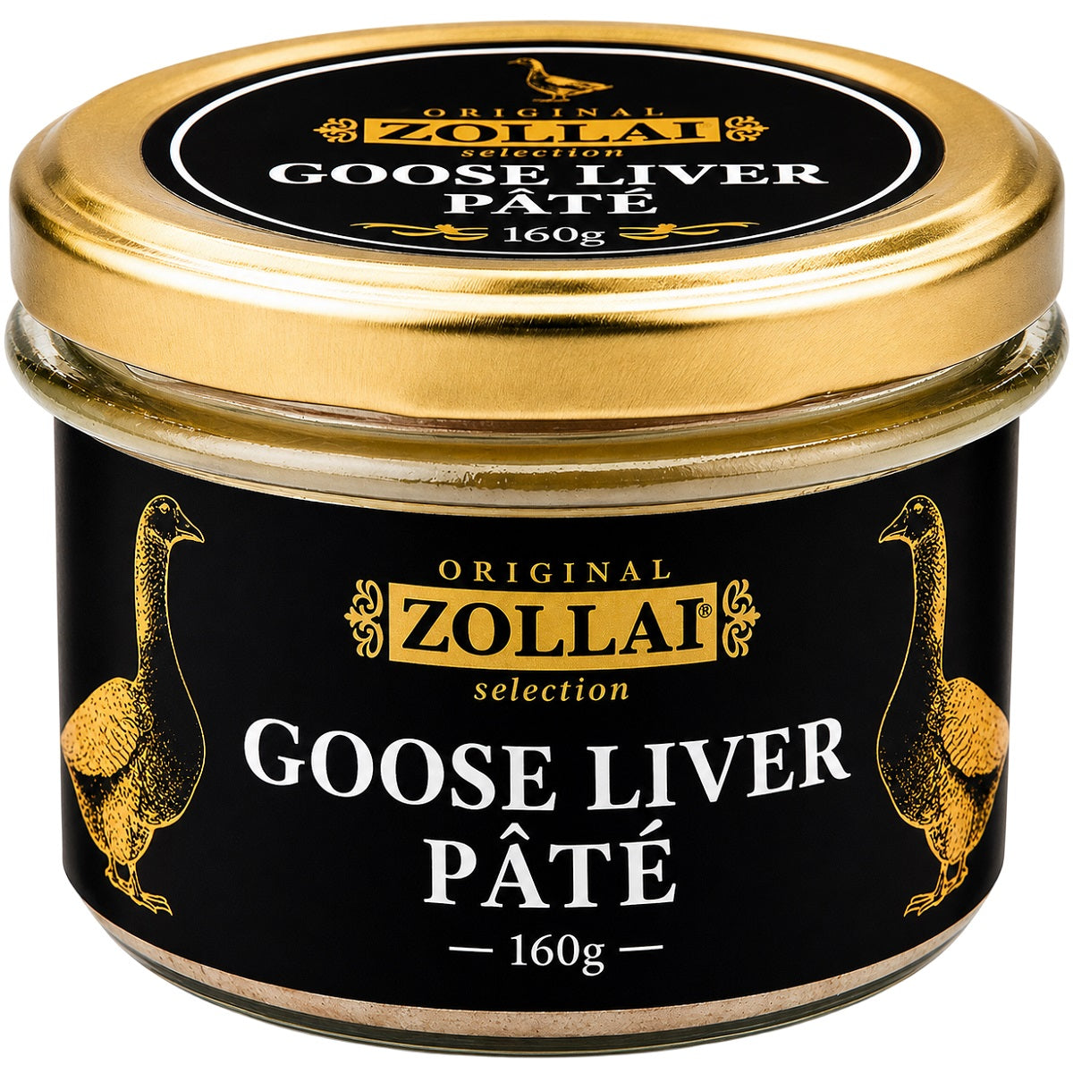 A jar of goose liver pate with whole liver pieces.