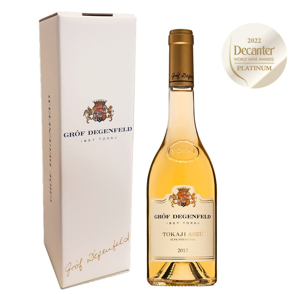 A bottle of Tokaji Aszu 6 Puttonyos Hungarian dessert wine from Grof Degenfeld Winery with a gift box.