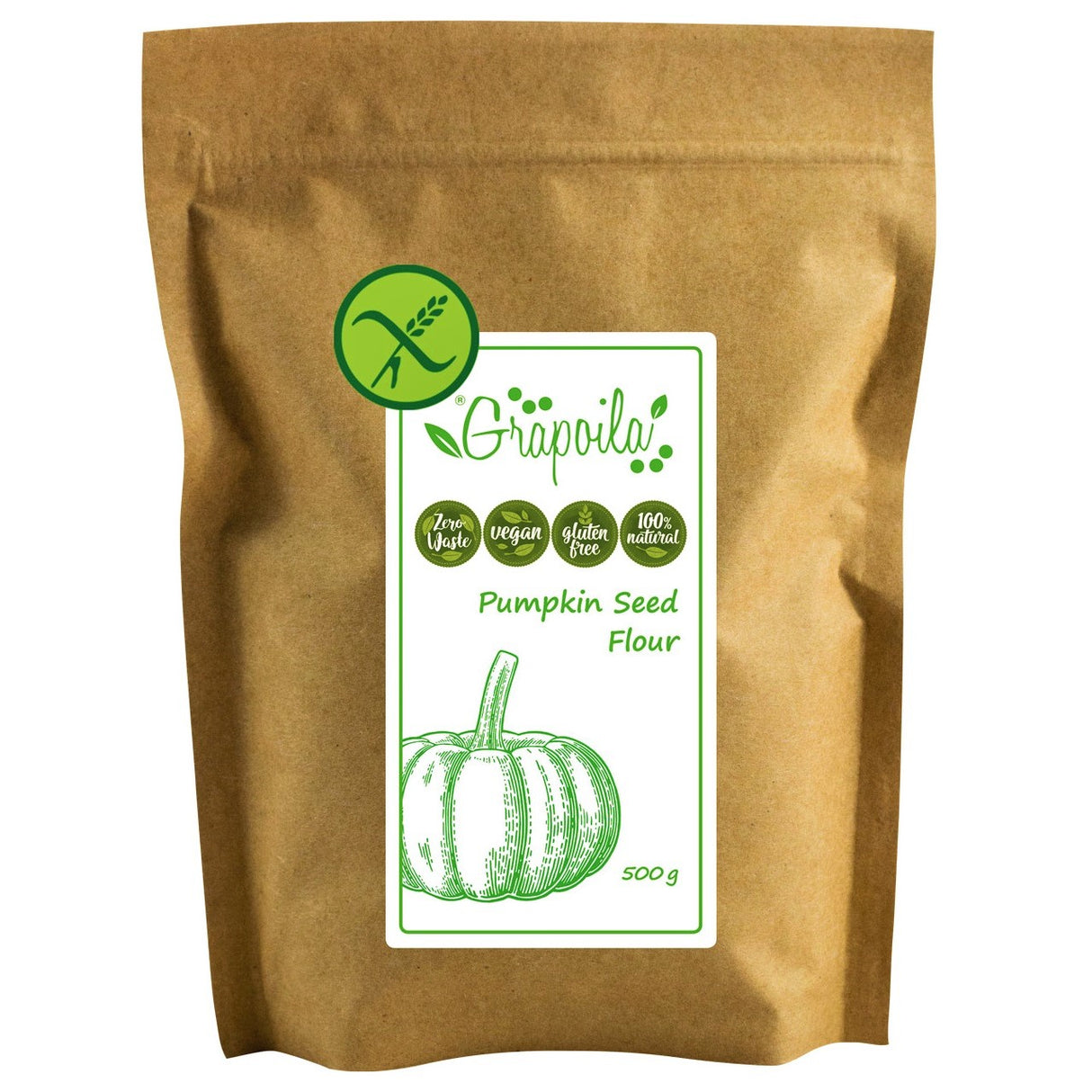 A pack of ground pumpkin seed powder, this is a gluten-free flour rich in healthy vegan protein.