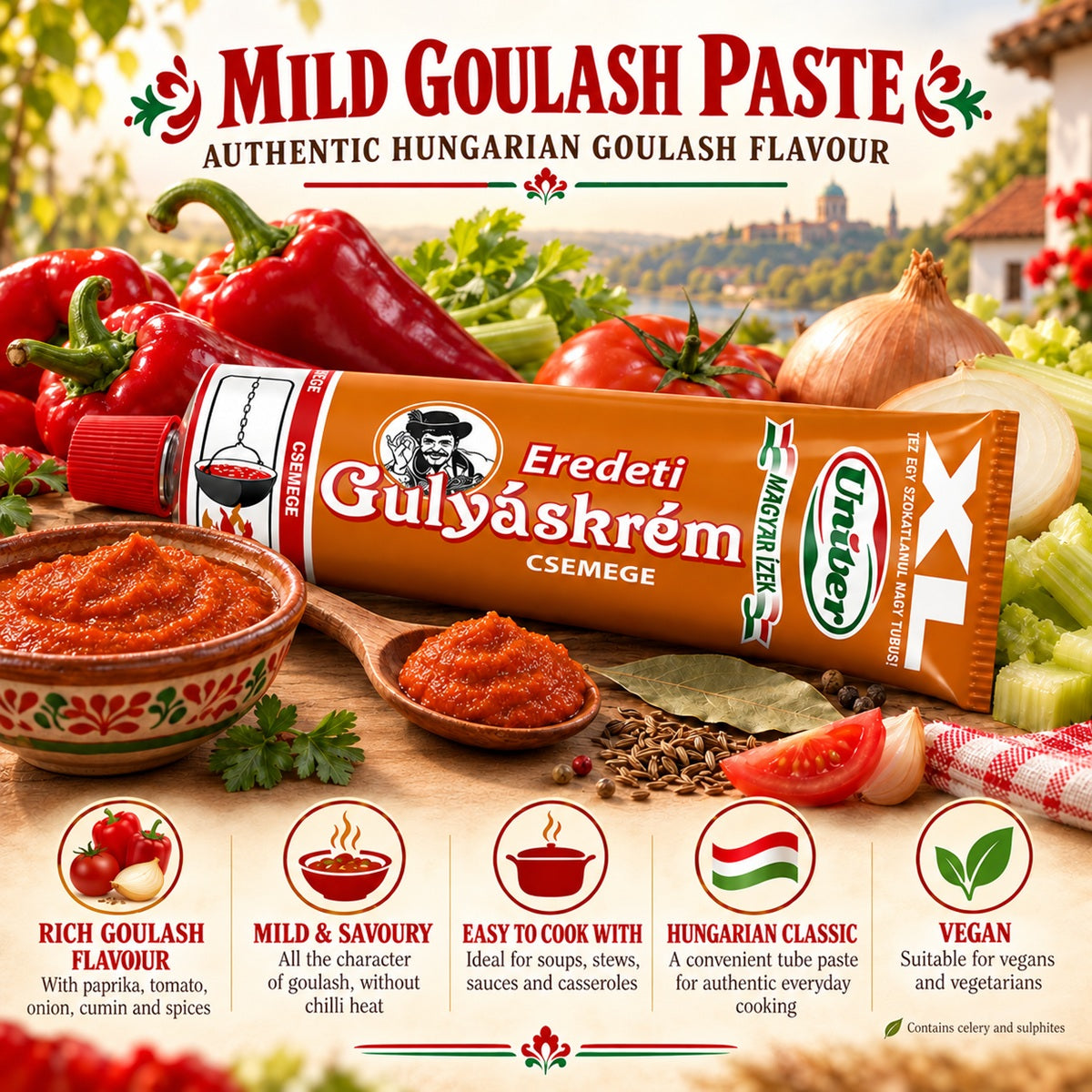 An infographic about Csemege Gulyaskrem. This iconic Hungarian mild goulash paste is a versatile ingredient.