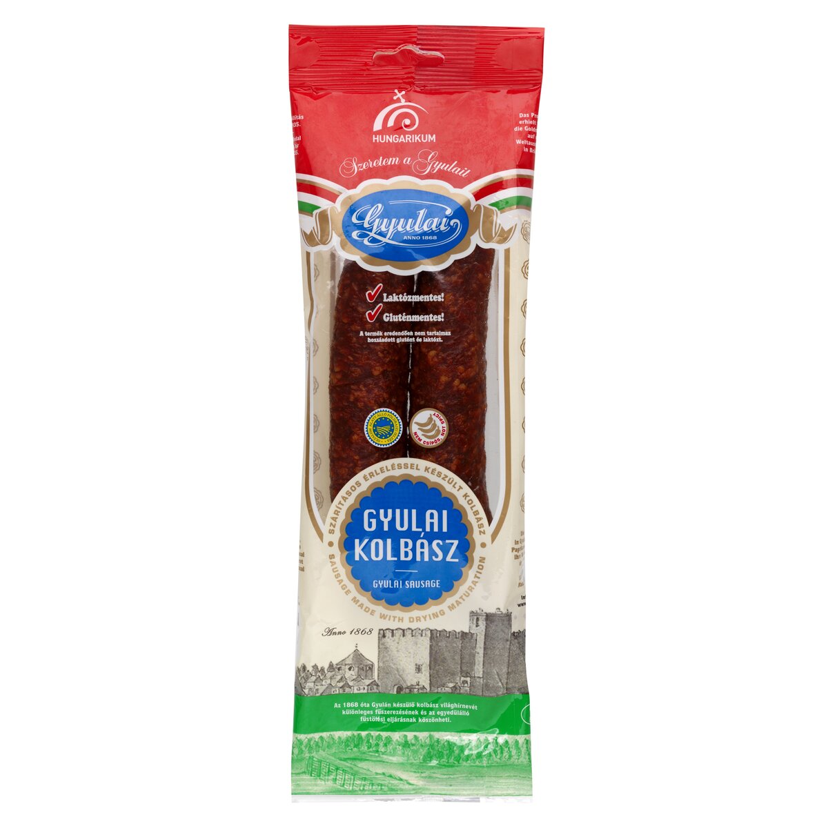 A pack of Gyulai kolbász, a traditional Hungarian smoked pork sausage.