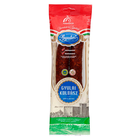 A pack of Gyulai kolbász, a traditional Hungarian smoked pork sausage.