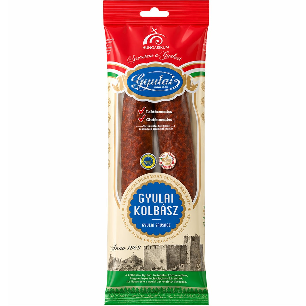 Gyulai Kolbász, a PGI Hungarian smoked pork sausage with paprika, garlic and caraway, made in the traditional Gyula style.
