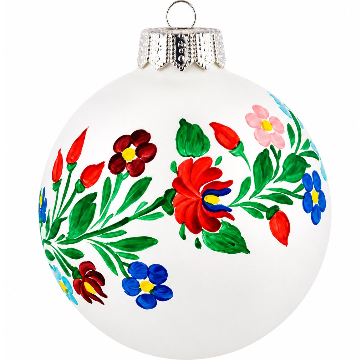 This traditional Hungarian decoration is a glass Christmas tree bauble, hand-painted with Kalocsa folk art motifs.