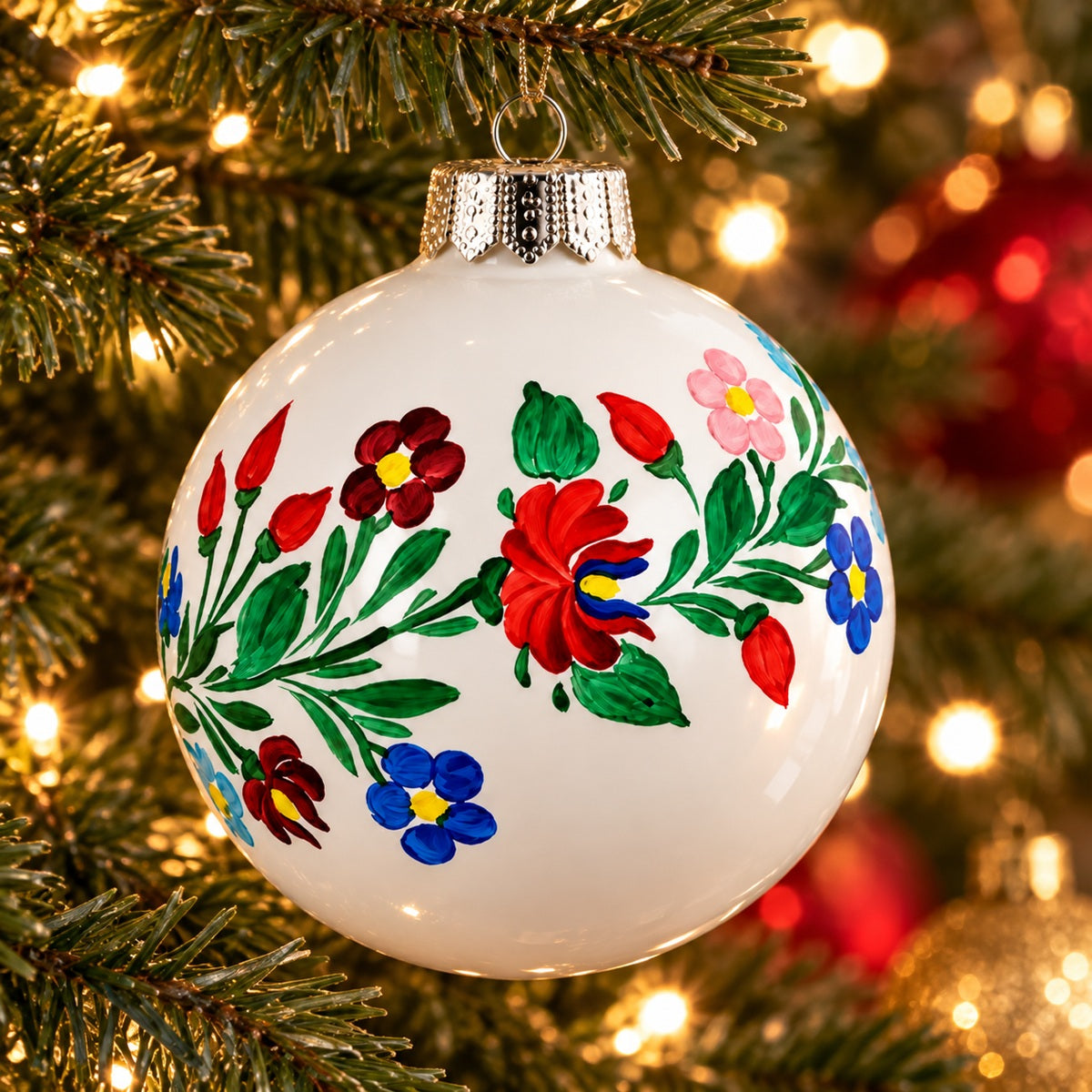 A glass Christmas tree ornament, this traditional Hungarian decoration is hand-painted with folk art motives.
