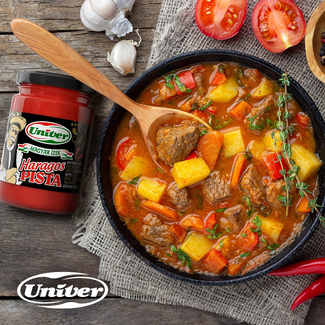 A bowl of Hungarian beef goulash soup with Haragos Pista extra hot chilli paste.