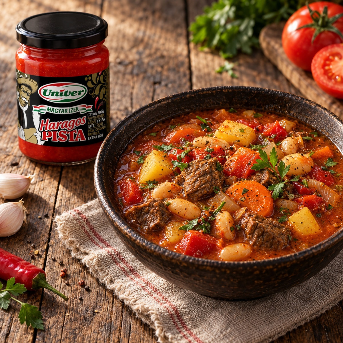 A bowl of Hungarian beef goulash soup with Haragos Pista extra hot chilli paste.