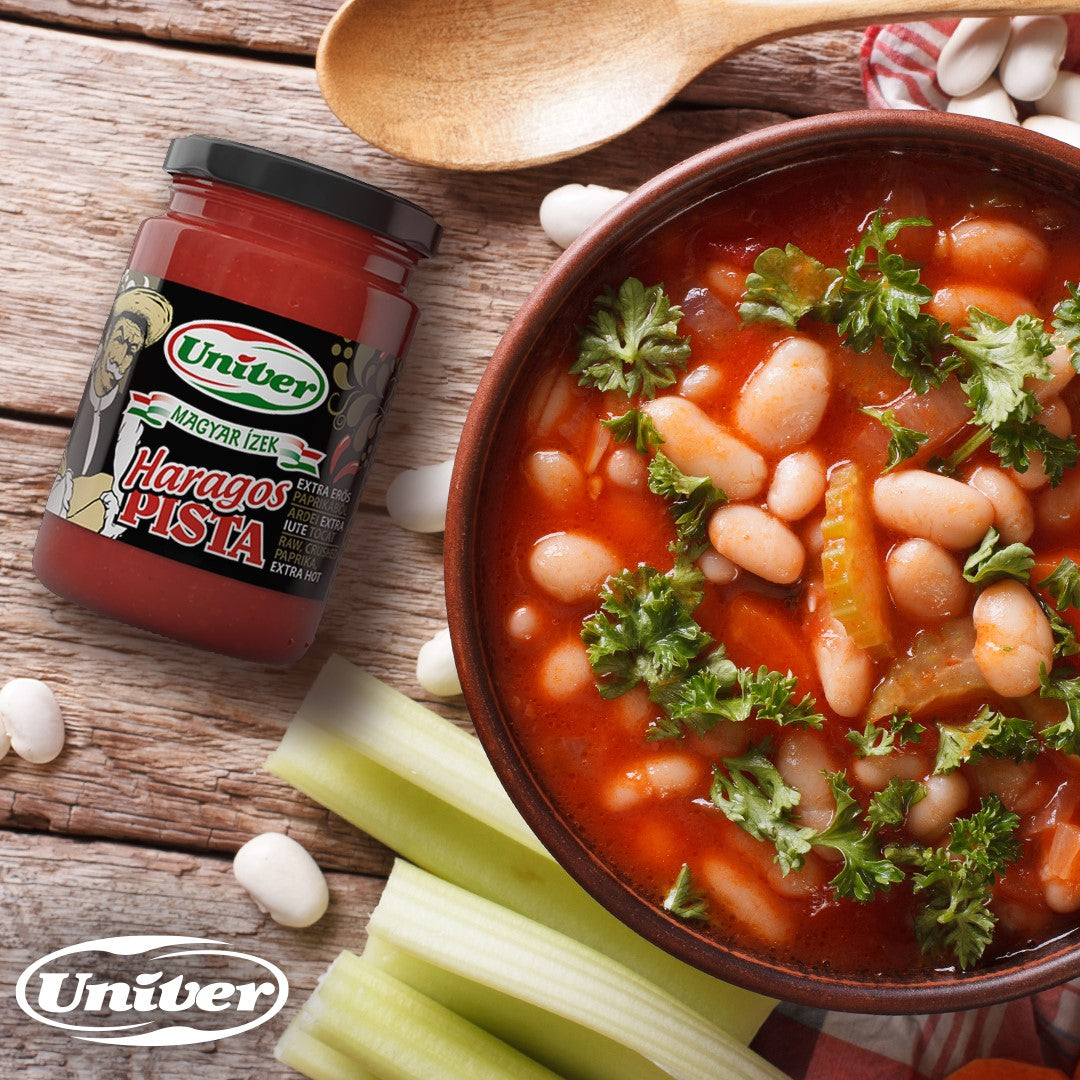 A bowl of bean and celery stew with an extra hot pepper paste.