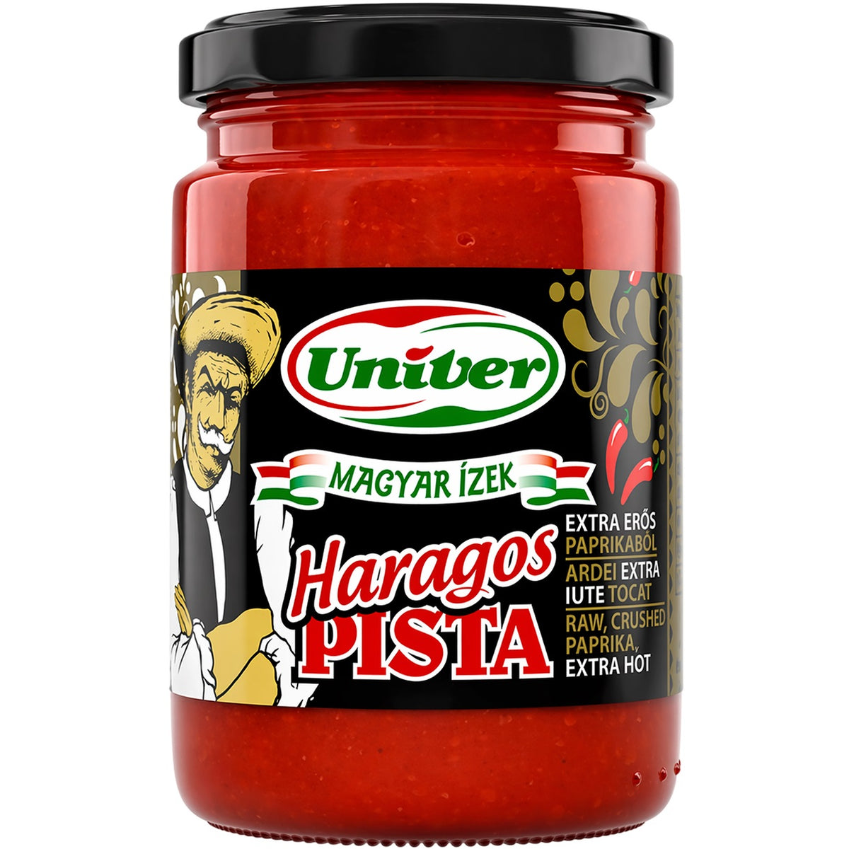 A jar of Haragos Pista, an authentic Hungarian extra-hot raw paprika paste, made for chilli lovers.