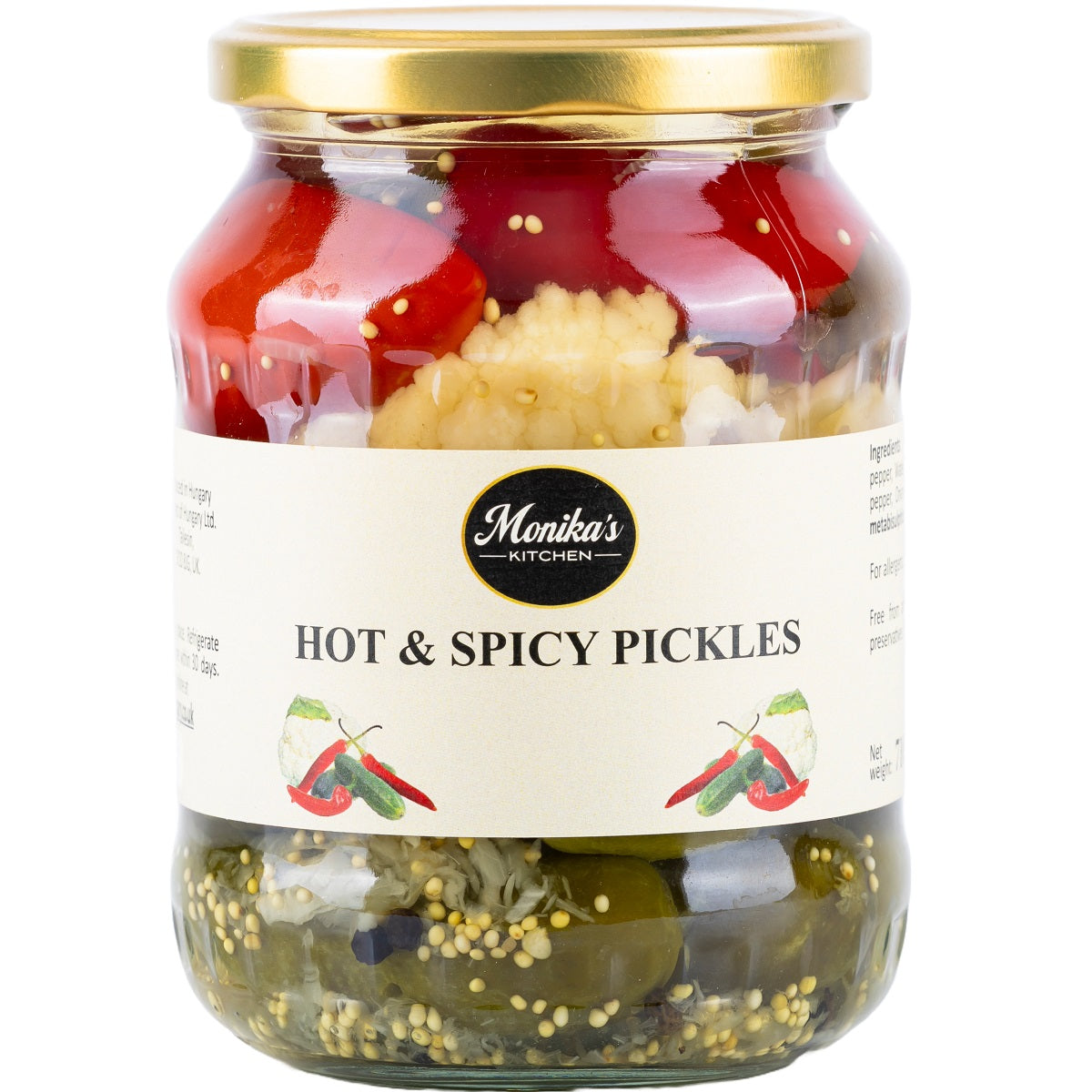 A jar of hot and spicy artisanal vegetable pickles with layers of pickled red chilli peppers, cauliflower and cucumber.
