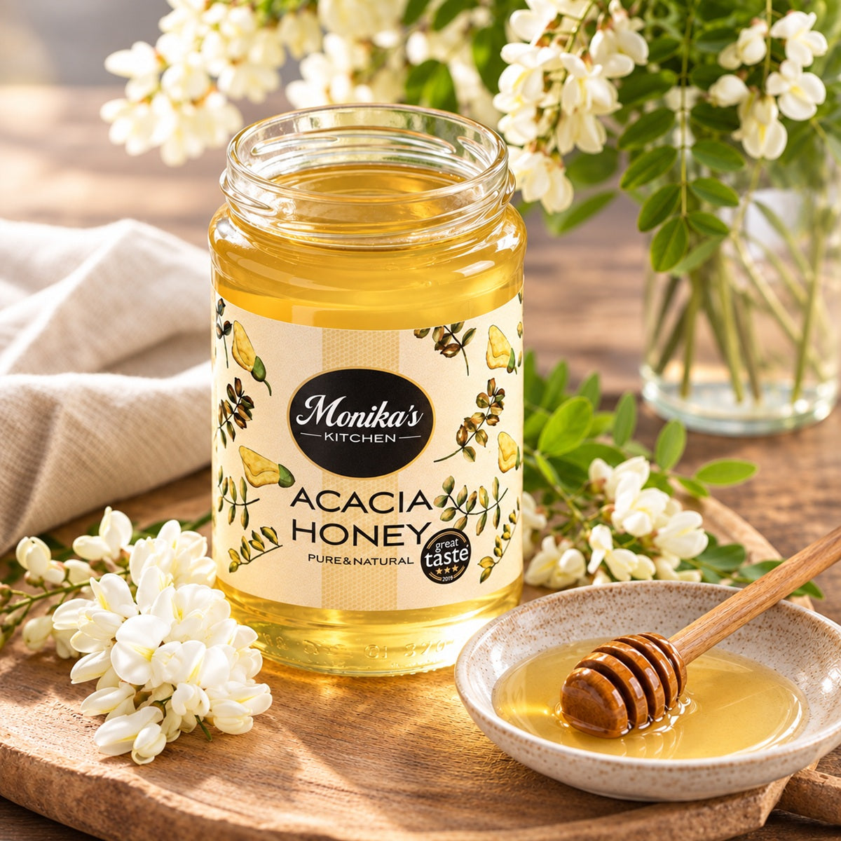 Jar of Hungarian raw acacia honey freshly harvested from pure acacia blossom flowers.