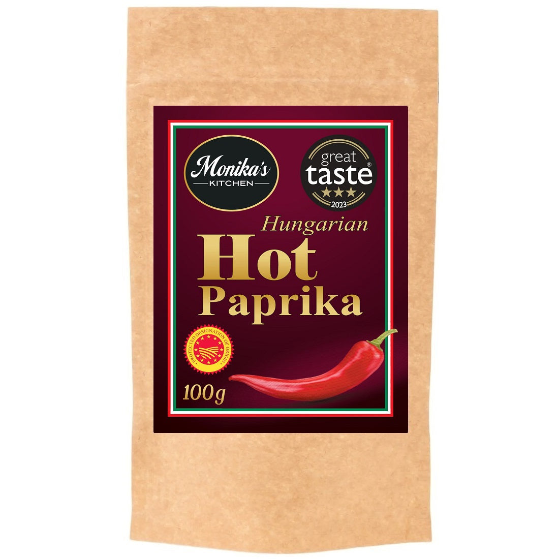 A pack of Hungarian hot paprika powder ground from spicy peppers from Szeged.