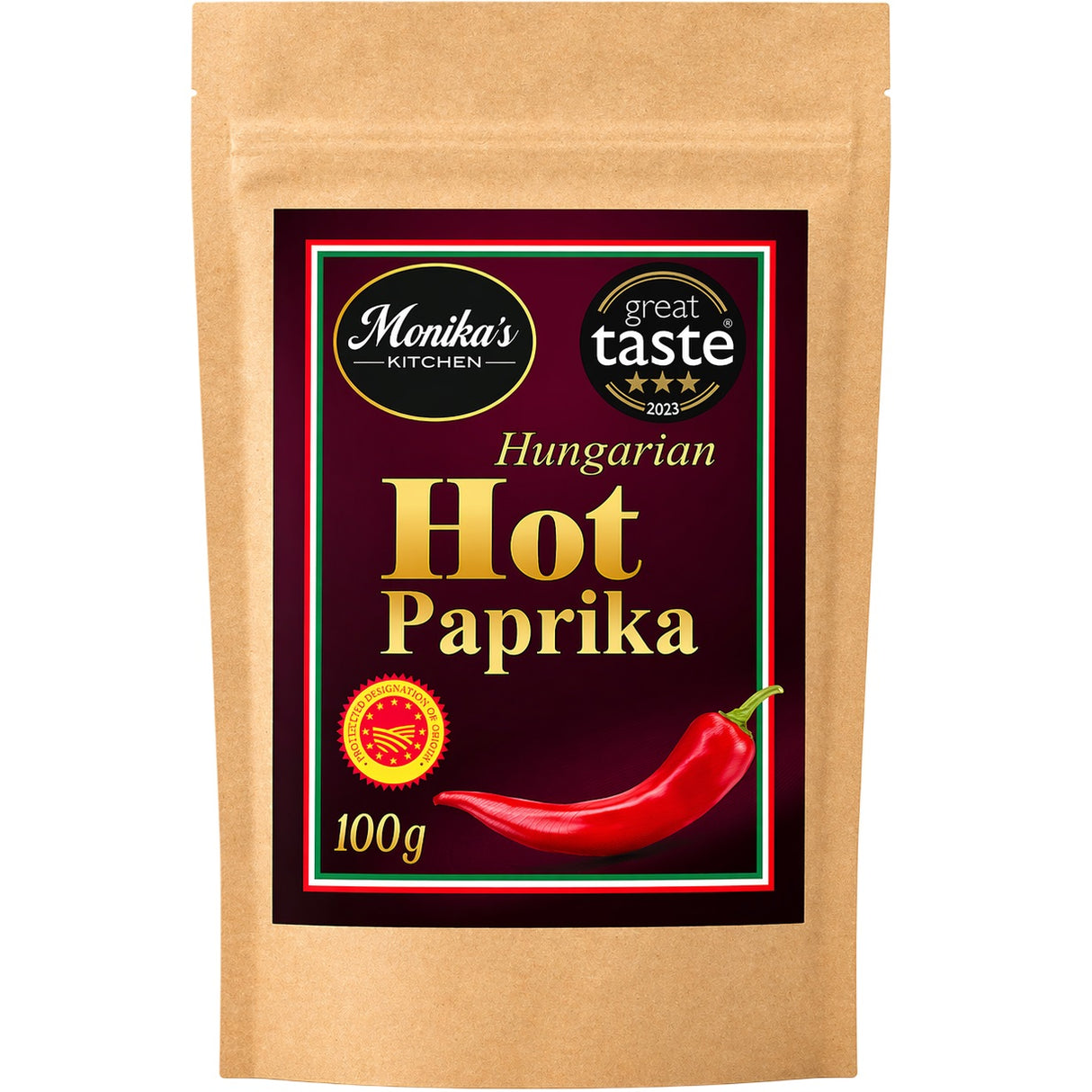 A pack of Hungarian hot paprika powder ground from spicy peppers from Szeged.