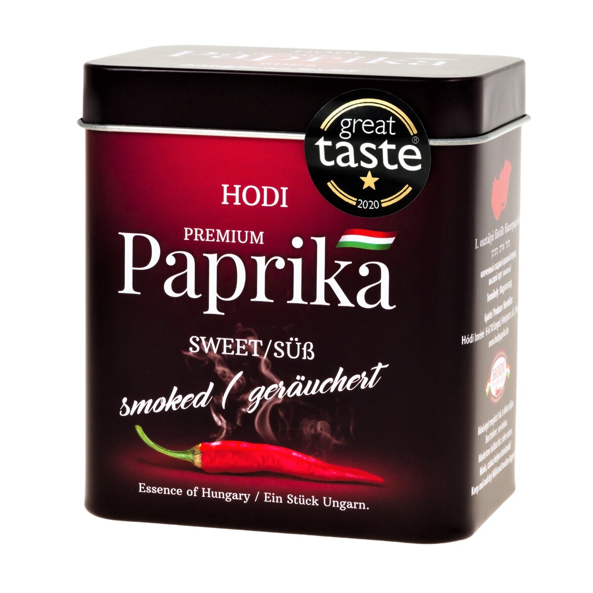 A tin of Hungarian sweet smoked paprika powder in a metal gift box.