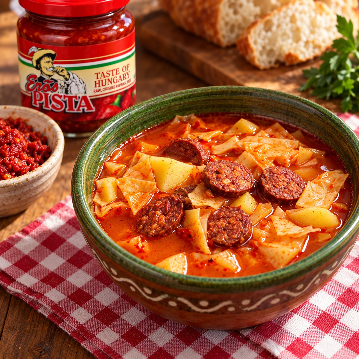 A Hungarian Lebbencsleves pasta soup recipe made with spicy sausage and Erős Pista hot pepper sauce.