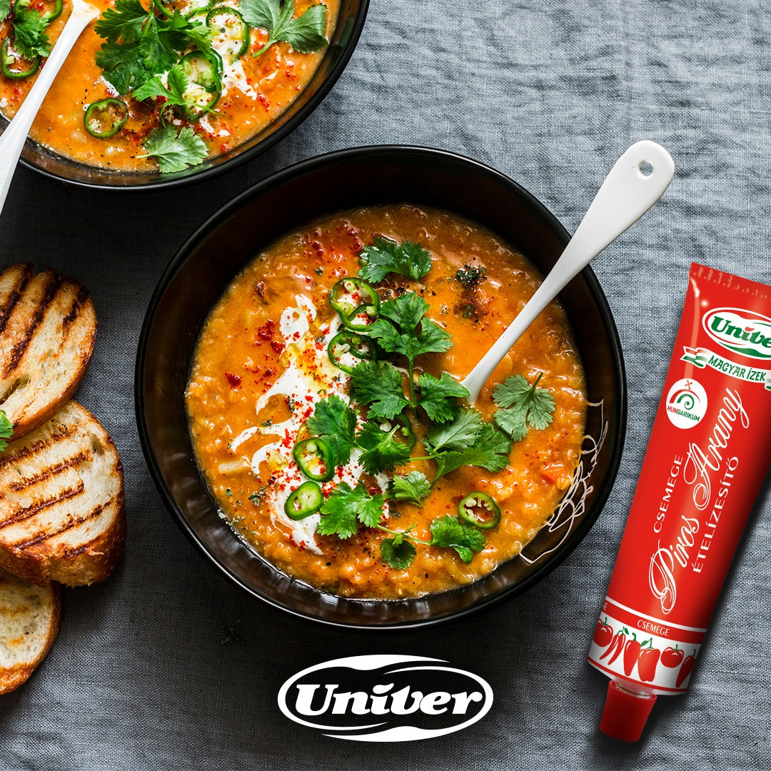 A traditional Indian lentil dahl soup recipe with coconut milk and Piros Arany red pepper paste.