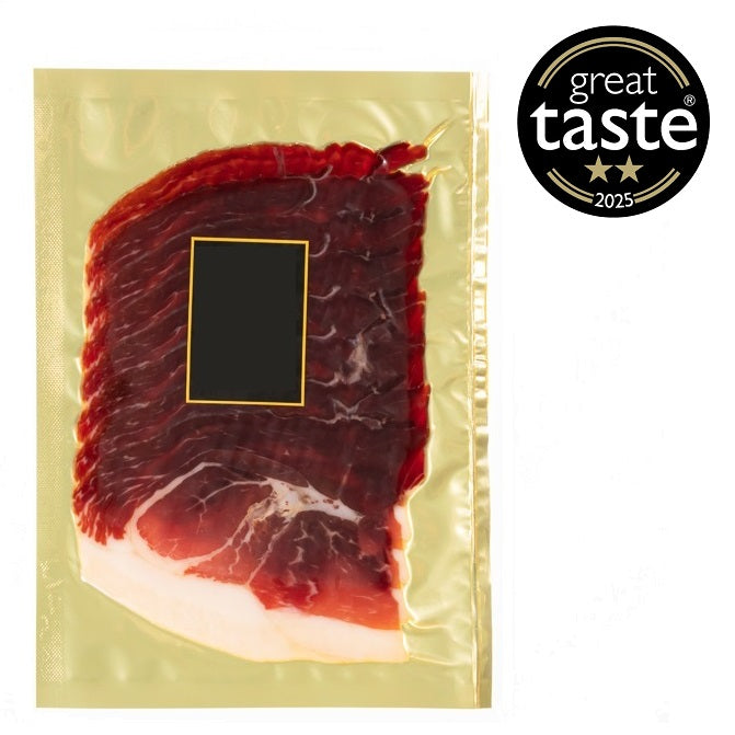 A pack of sliced mangalitza ham from Hungarian mangalitsa pork meat.