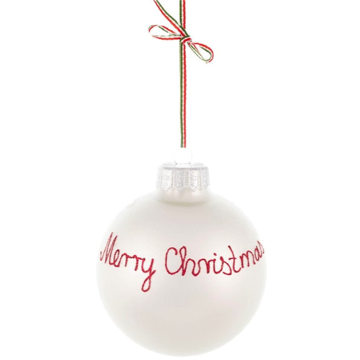 A hand-painted Merry Christmas tree bauble glass decoration.