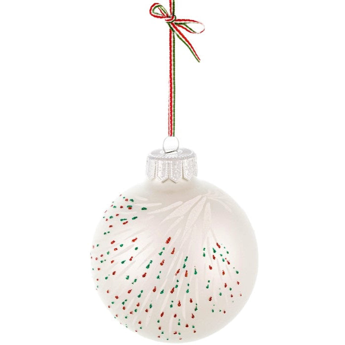 A hand-painted Merry Christmas tree ornament.