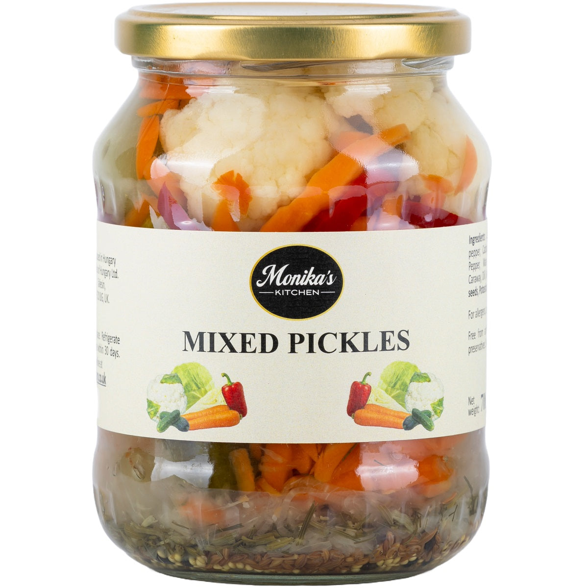 A jar of mixed pickles, the assorted artisan Hungarian pickled vegetables include cucumber, cabbage, carrot and onion.