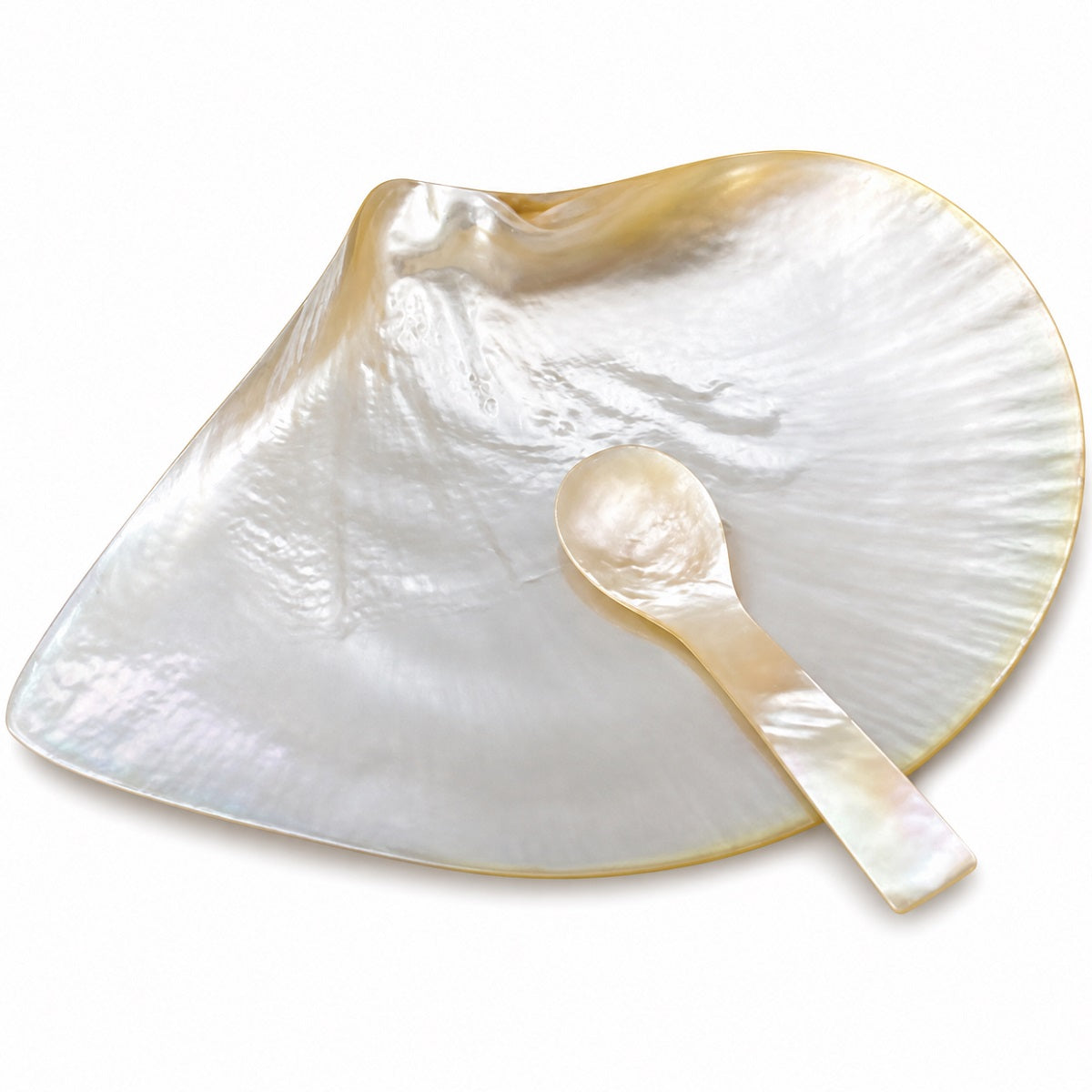 A handcrafted mother-of-pearl caviar set with a 5-inch plate and 4-inch spoon, designed to elegantly serve caviar,.