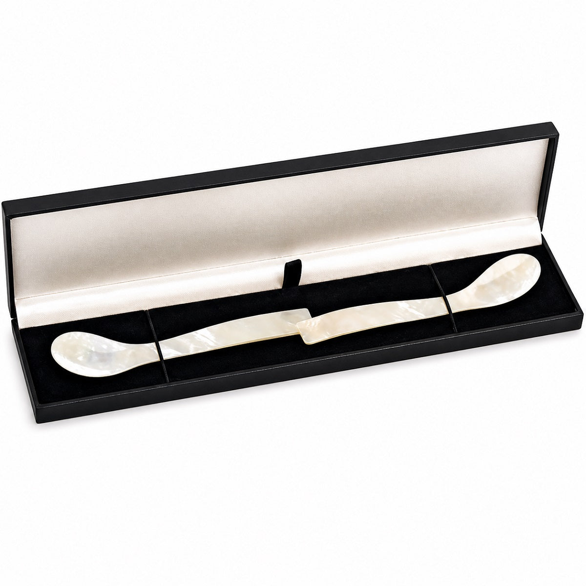 A gift-boxed pair of 4-inch mother-of-pearl caviar spoons, handcrafted to serve fine roe for two.