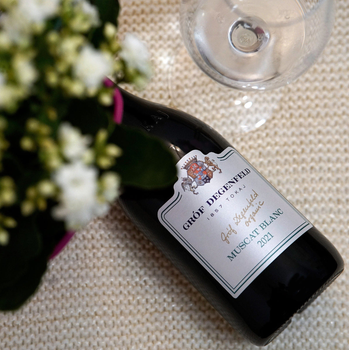 A bottle of Muscat Blanc Hungarian white wine from Tokaj.