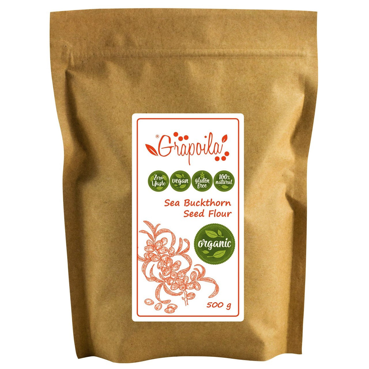 A bag of organic sea buckthorn powder, this is a herbal supplement from berry seeds with potent health benefits.