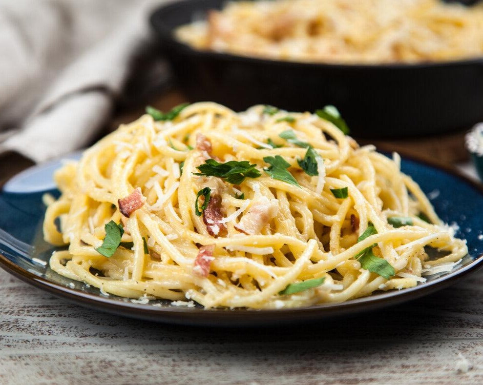 A pasta carbonara recipe in a cream sauce made with pancetta bacon slices.