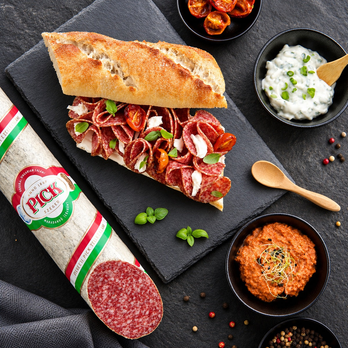 Pick salami slices in a baguette with dips.