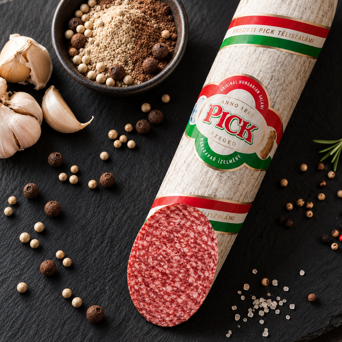Pick szalámi is a Hungarian winter salami made with ingredients including fresh garlic, white pepper and allspice.