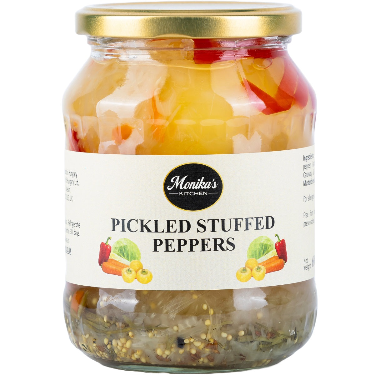 A jar of pickled apple peppers stuffed with a sauerkraut from fermented raw white cabbage.