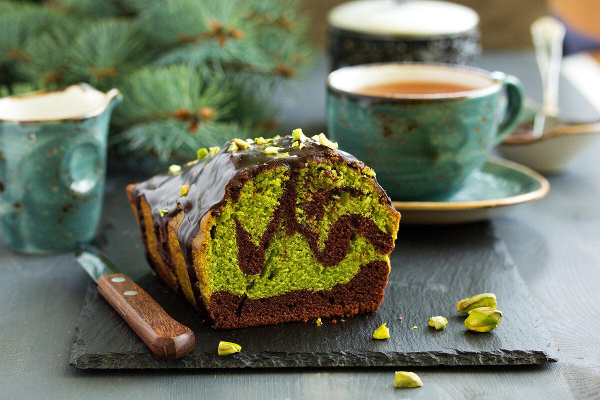 A gluten and wheat free cake baked with ground pistachio flour.