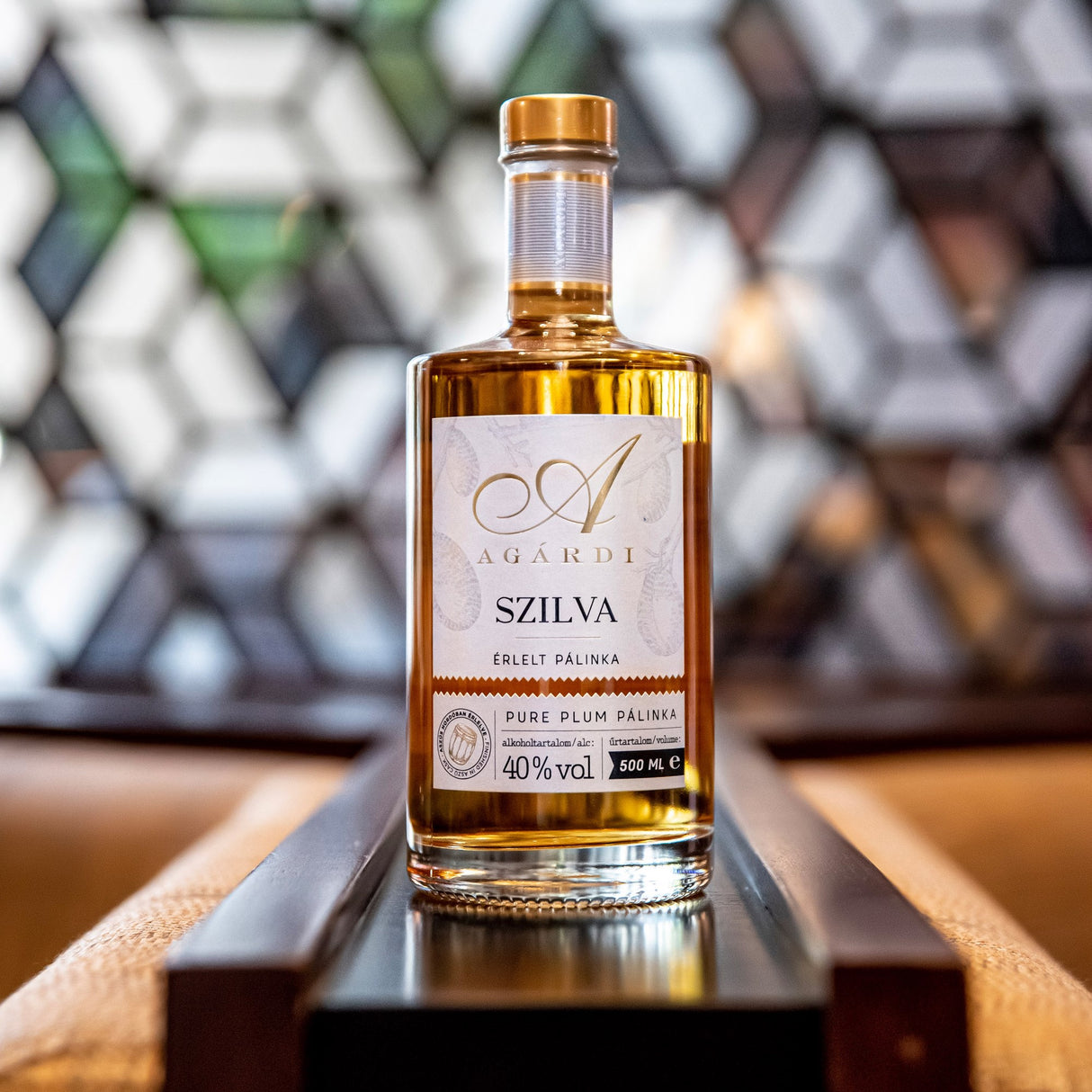 A bottle of premium plum pálinka, a Hungarian alcoholic spirit.