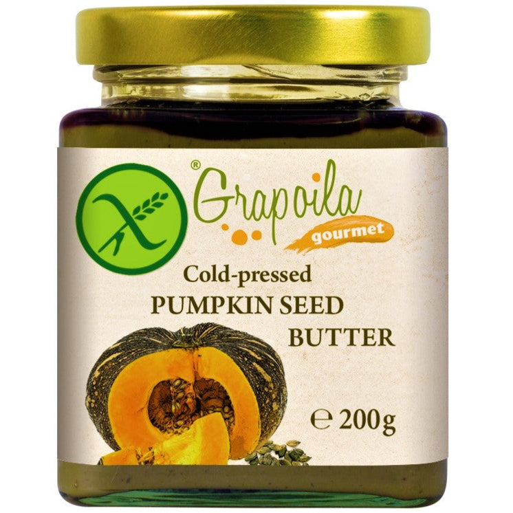 A jar of smooth pumpkin seed butter from cold-pressed raw seeds, this is a healthy spread rich in vegan protein.