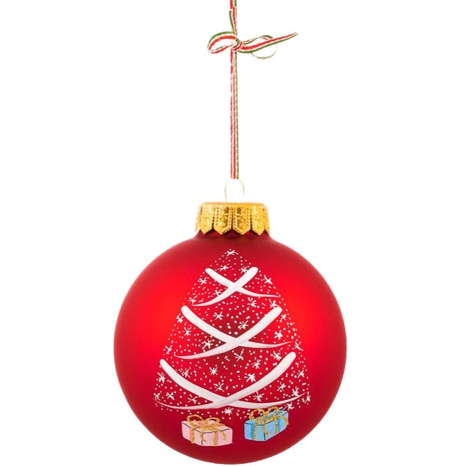 A luxury red glass Christmas tree bauble decoration hand painted with a festive theme.