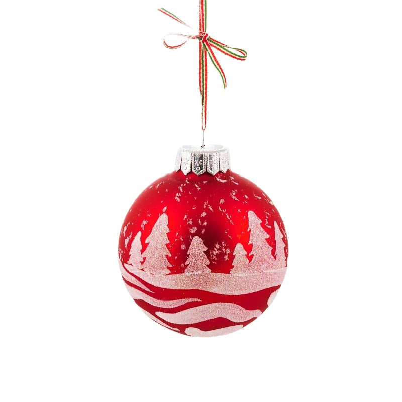 A red glass Christmas tree ornament.