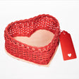 A red heart-shaped wicker basket, this hand-weaved box is best for hampers.